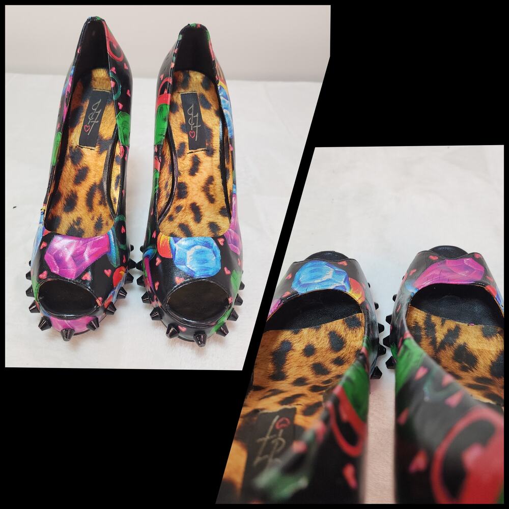 Vintage Y2k Iron Fist Scene Kidcore Whimsigoth Studded Heels 6 Black Peep Toe - Picture 4 of 8